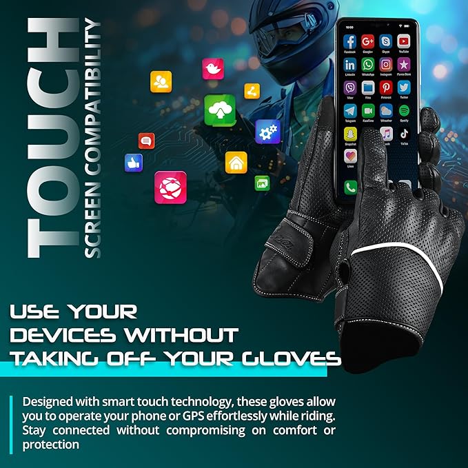 aasportx Motorcycle Gloves - Men's Leather Motorbike Gloves with Touchscreen Function - Non-Slip Pads for Men & Women