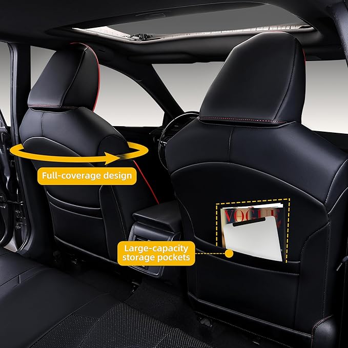 Custom Fit Camry Seat Covers for Toyota Camry Hybrid LE, Hybrid SE 2018-2024 Full Coverage Waterproof Breathable Leather Car Seat Covers Full Set (Black with Red Trim)