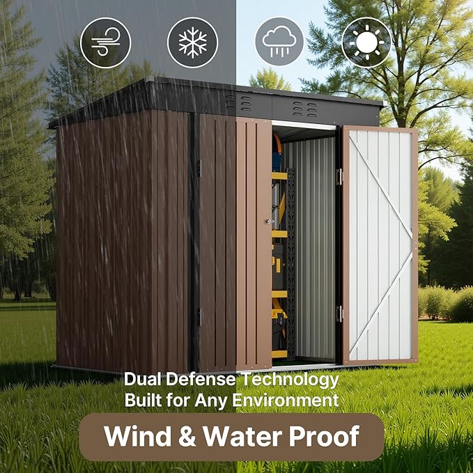 Bealife Outdoor Storage Shed Clearance, Metal Outdoor Storage Cabinet, Waterproof Tool Shed, Lockable Backyard Shed for Garden, Patio and Lawn (Brown, 6' x 4')
