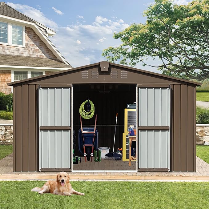 IKERY Large Galvanized Steel Storage Shed - 11' x 9' with Windows and Lockable Door, Outdoor Garden and Utility Tool Shed for Backyard and Patio, Brown