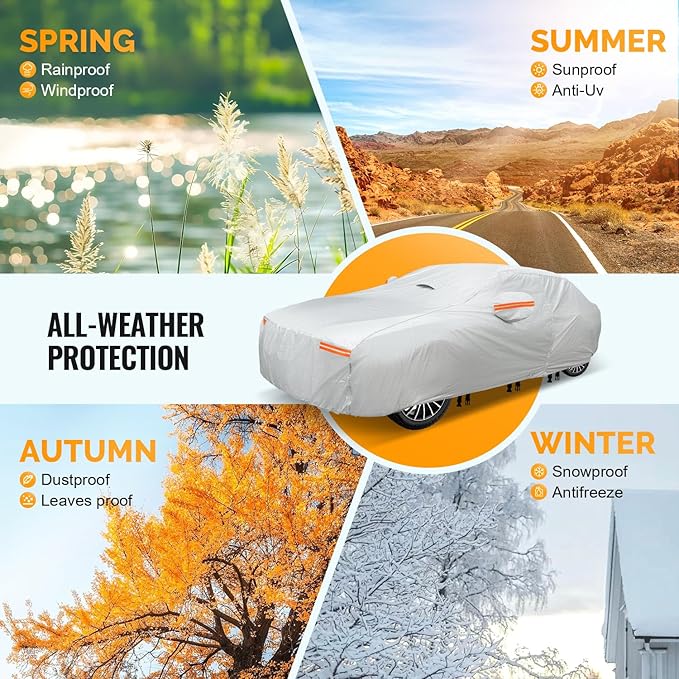 30 Layers Car Cover for Automobiles All Weather Waterproof, Outdoor Snowproof UV Protection Windproof, Door Zipper, Soft Cotton, Heavy Duty Universal Car Covers, (Silver, Fit Sedans 201"-210")