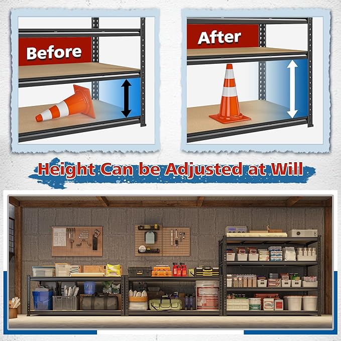 55" W Storage Shelves, 2040LBS Garage Shelving Heavy Duty, 4-Tier Heavy Duty Shelving, Adjustable Metal Shelving Unit for Garage, Warehouse, Pantry, Kitchen, 55" W × 24" D × 60" H, Black