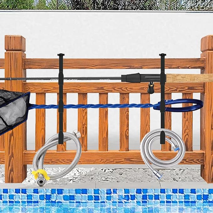 2Pcs Black Pool Pole Hangers, Adjustable Heavy Duty Swimming Pool Fence Hooks for Pool Equipment, Skimmers, Leaf Rakes, Nets, Brushes, Vacuum Hose, Garden Tool Organizer