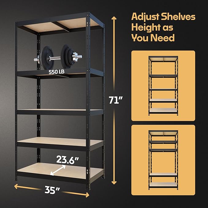 Storage Shelves: 5 Storage Shelves Heavy Duty w/ 2,750 lb Total Load Capacity, 550 per Storage Shelf, 71x35x24 | Perfect Solution for Your Storage Needs | Adjustable Shelving Unit
