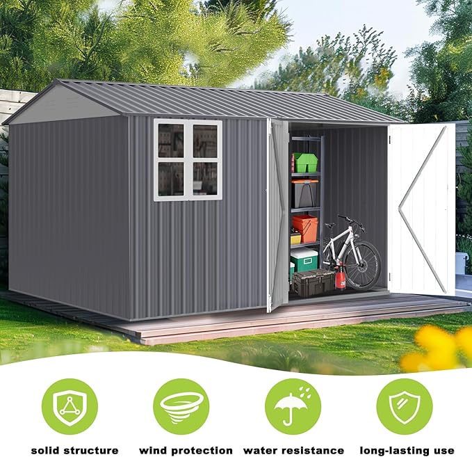 8x10 FT Outdoor Storage Shed, Metal Garden Shed with 4-pane Window, Outside Tool Shed with Lockable Hinged Doors & 4 Air Vents, Waterproof Storage Building for Backyard, Patio, Lawn, White+Gray