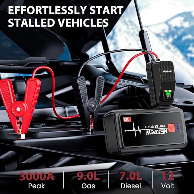 Car Jump Starter 3000A, NEXPOW 12V Battery Jumper Start Pack Kit for Up to 9.0L Gas & 7.0L Diesel Engines, Portable Jump Box with Jumper Cables, USB Quick Charge, LED Flashlight for Car, Motorcycle