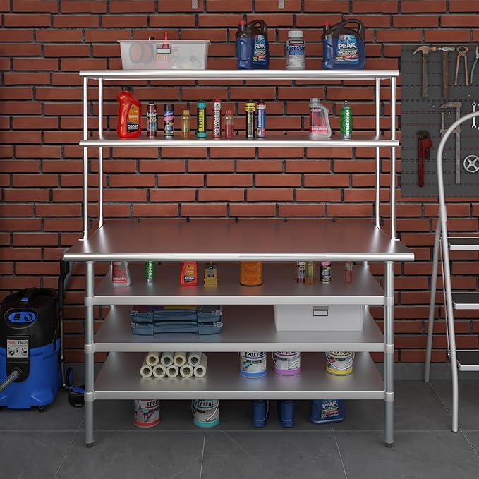Amgood 30" x 60" Stainless Steel Work Table with 3 Shelves and 18" Wide Double Tier Overshelf | Metal Kitchen Prep Table & Shelving Combo | NSF