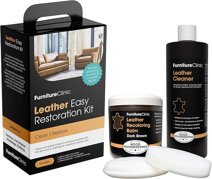 Furniture Clinic Leather Easy Restoration Kit | with Leather Recoloring Balm, Cleaner, Sponge, and Cloth | Repair Kit for Scratched and Faded Furniture (Dark Brown)