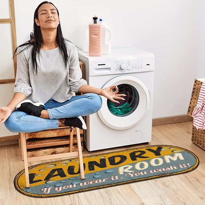 Ottomanson 20" x 59" Oval Laundry Room Rug - Non-Slip Mat for Laundry & Mudroom - Durable, Stain-Resistant, and Easy to Clean - Perfect for High-Traffic Areas - Runner Rug for Entryway, Yellow/Gray