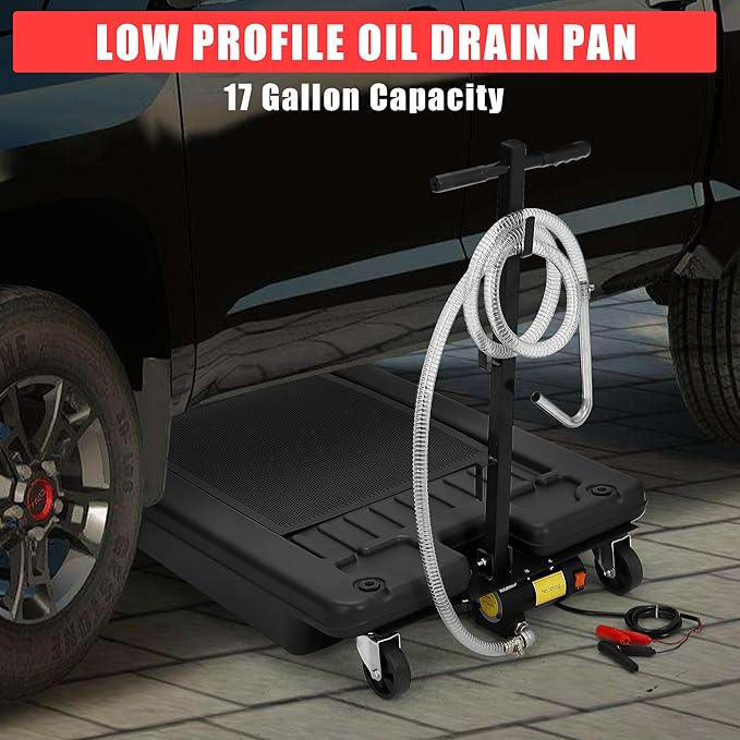 ‌17 Gal Electric Oil Drain Pan, Low Profile Mobile Oil Changing Pan with Hand Pump, 8 Ft Hose & Quick Drain Valve, Leak-Proof Design for Truck Car Motorcycle, Garage Workshop Use