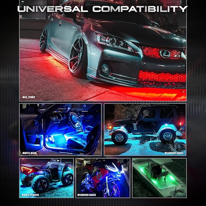 OPT7 Aura Flexible Underglow Car Lights with APP & Remote Control, Exterior Neon Accent Underbody Lighting Kit, 4 PCS RGB LED Light Strips for Cars Trucks RV, Waterproof, Multi Colors Music Mode, 12V