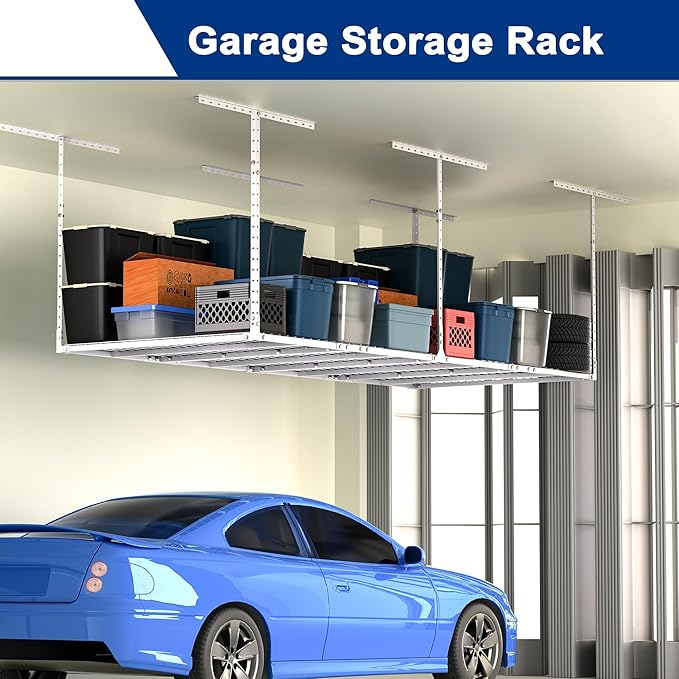 GIOTORENT 3x8FT Heavy Duty Overhead Garage Storage Rack - Adjustable Ceiling Shelving with 600lbs Weight Capacity, Metal Garage Organization System, White