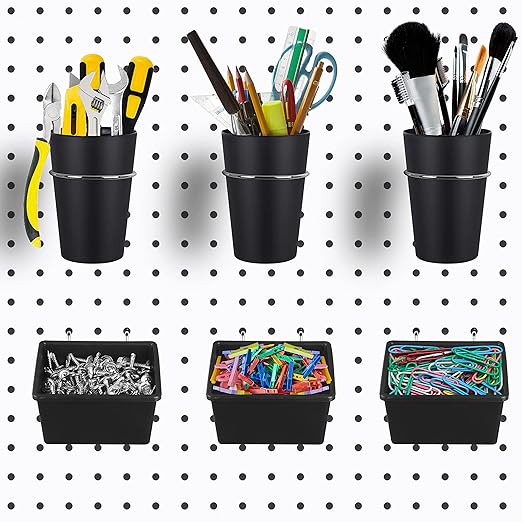 6 Sets Pegboard Bins Pegboard Cups with Hooks, Pegboard Hooks Assortment, Hooks for Pegboard Cup Holder for Organizing Accessories Tools Storage Office Workshop Garage Workbench Black