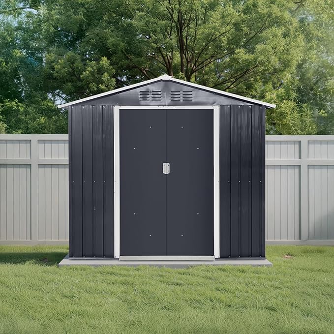7x4.3 Ft Outdoor Storage Shed, Heavy-Duty Metal Shed with Windows & Secure Lockable Doors, Ideal Storage Shed for Outdoor, Patio, Garden, and Backyard, Anthracite