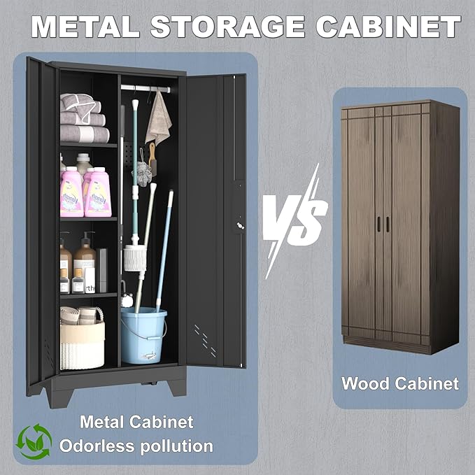 Metal Storage Cabinet,61" Tall Storage Cabinet,Utility Cabinet for Brooms and Mops,Laundry Room Cabinets,Tool Lockable Organization,Black