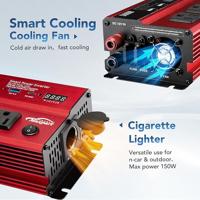 500W Power Inverter, Car/Light Truck 12V DC to 110V AC Converter USB and 3.0A USB and Type-C Ports Car Charger Inverter with Cigarette Lighter Ports for Smartphones Laptops Tablets