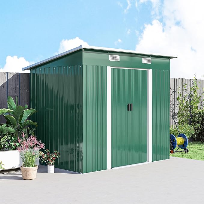 Outsunny 7' x 4' Outdoor Storage Shed, Metal Garden Tool House with Sloping Roof and Lockable Door for Backyard, Bike, Patio, Garage, Lawn, Dark Green
