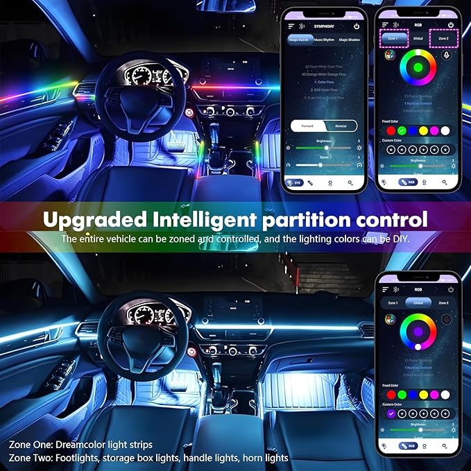 New Version Dreamcolor Acrylic Car Interior Lights 10 in 1 RGB LED Strip Lights APP Control Zoned Control System 252 Color Modes DIY Fiber Optic Ambient Lighting Kits Music Car Neon Lights