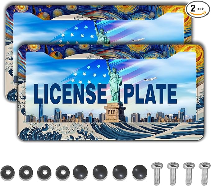 Car Plate Frames for Women Multicolor License Plate Protector for Men Starry Night Big Wave Aluminum Metal Car Accessory 2 Pack with Screw Covers Set