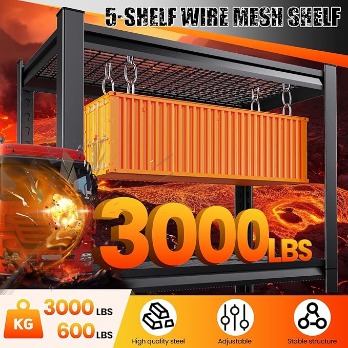Large Garage Shelving, 5-Tier Garage Storage Shelves 3000LBS Heavy Duty Shelving Unit, Adjustable Steel Metal Shelving, Wire Shelves for Garag, Utility Rack Shelf for Basement, 72 ”H×45.7”W×19.7”D