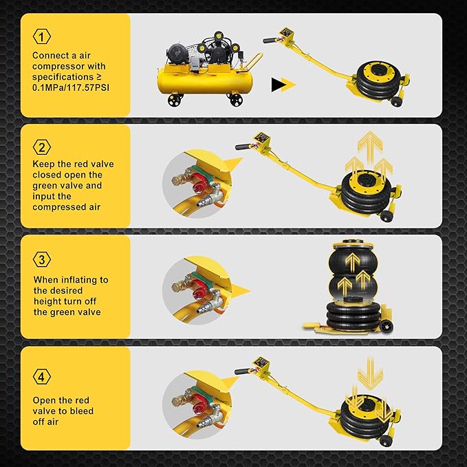 YELLOW JACKET Air Jack 3 Ton Triple Bag Air Jack with Six Steel Pipes, Portable Pneumatic Jack with Long Hand, 3-5 s Fast Lifting Airbag Jack for Cars, Garages, Repair, Yellow