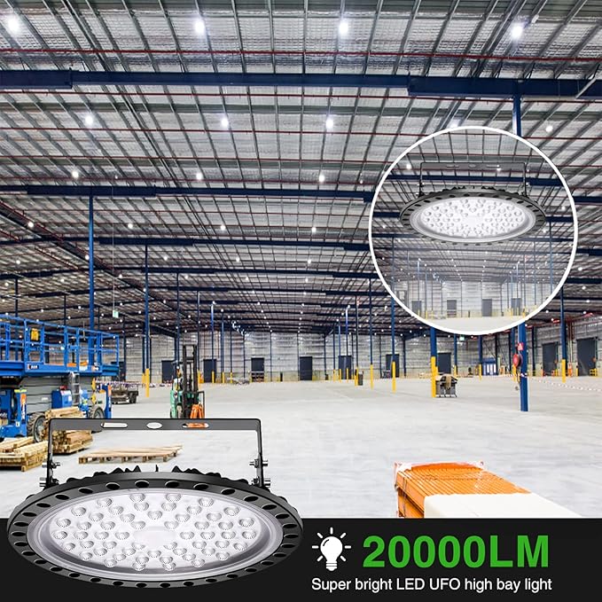 Viugreum 10 Pack 200W UFO LED High Bay Lights, 20000LM 6500K Daylight White Ultra Thin Highbay Light Fixtures, 110V IP65 Waterproof Bay Lighting for Garage Factory Warehouse Gym