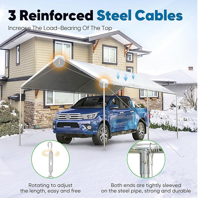 Quictent 10x20 ft Heavy Duty Car Canopy Galvanized Frame Carport Outdoor Party Tent Boat Shelter with 3 Reinforced Steel Cables - Gainsboro