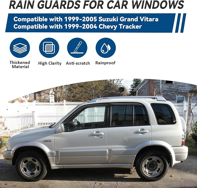 4pcs Front+Rear Smoke Tint Sun/Rain Guard Outside Mount Tape-On Vent Window Visors Compatible with 99-05 Grand Vitara 99-04 Tracker