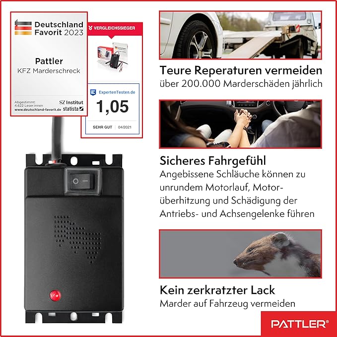 PATTLER® Marten Repellent for Car Engines - Ultrasonic Marten Repeller Under Hood for Immediate and Long-Term Protection Against Martens. Marten Deterrent for Cars Powered by 12V Car Battery - 1 Unit