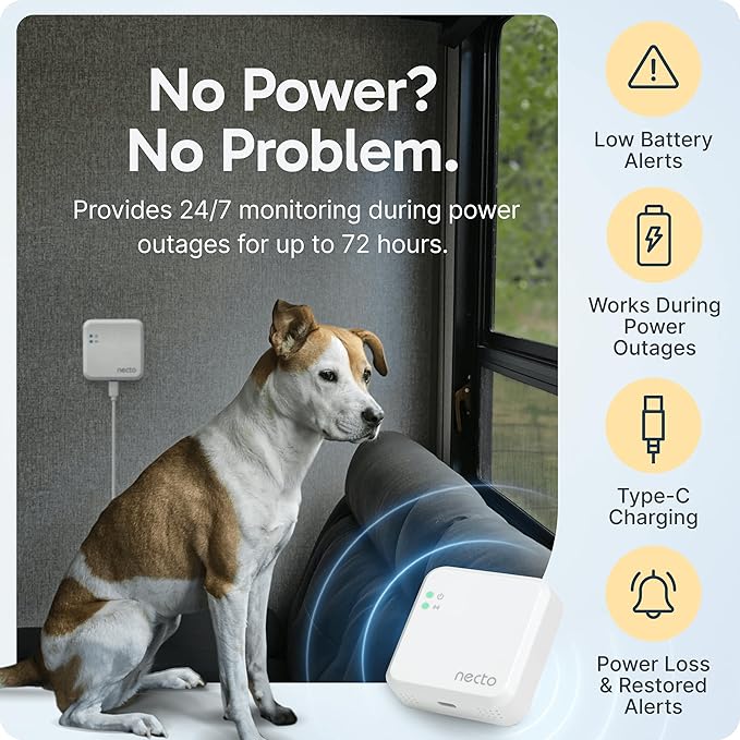 Necto Cellular Temperature Monitor- RV Pet Safety Temp Monitoring System. Remote Power Outage & Humidity Sensor with App Alerts for Car, Camper, Home & Server Room. (2 Year Subscription Included)