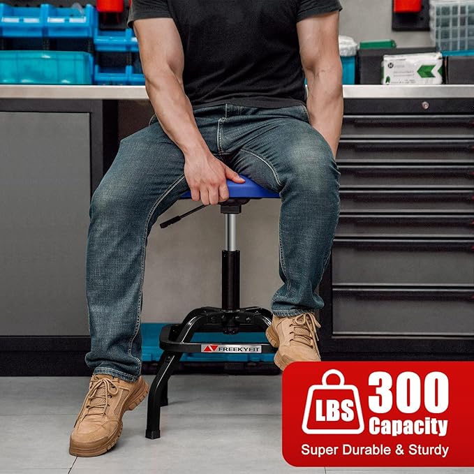 Shop Stool with Backrest, Mechanic Garage Stool for Workshop, Adjustable Shop Stools Chair, Padded Workbench Stools for Men Women, 300 LBS Capacity, 360° Swivel PVC Seat, Heavy Duty, Blue