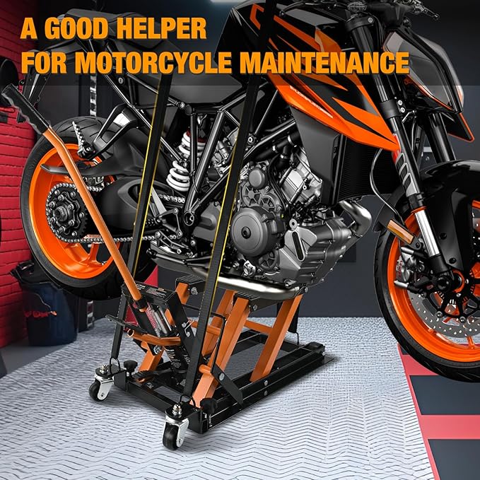Nilight Motorcycle Lift Jack 1500 LBS Hydraulic Lifts ATV Scissor Jacks with Wheel Foot Pedal Handle Ratchet Belt Heavy Duty Lifter Stand Hoist Table for Dirt Bike Garage Storage Repair Tool,Orange