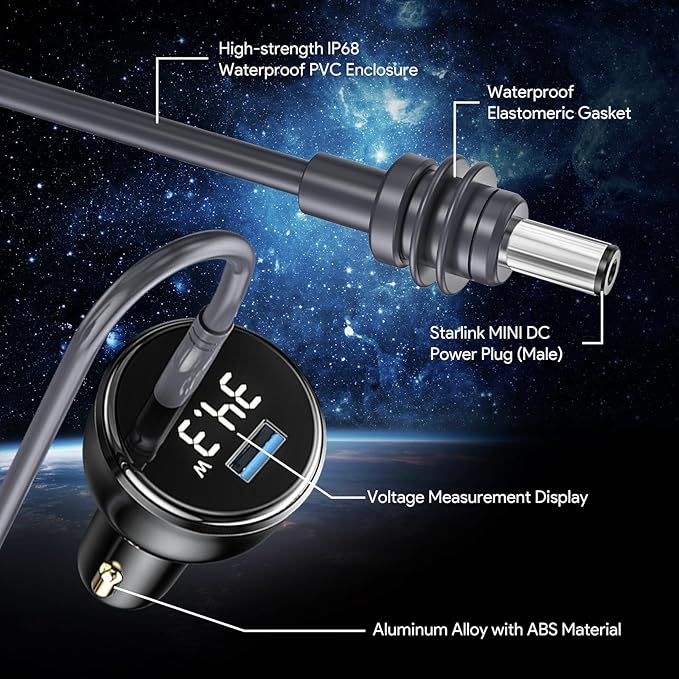 QUIDDITY Starlink Mini Car Adapter DC Power Cable + Cigarette Lighter Adapter 12V-24V with Digital Display, Water-Resistent Car Charging Cord with USB Type-C Port Starlink Mini Accessories(3M/10FT)