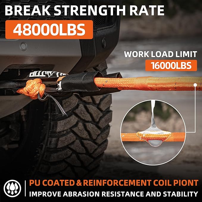 ALL-TOP Kinetic Rope Kit (Reflective) w/ 2 Soft Shackles, 48000Lbs, 1in x 30ft, Heavy Duty 30+% Elasticity, 16000Lbs Work Load Limit