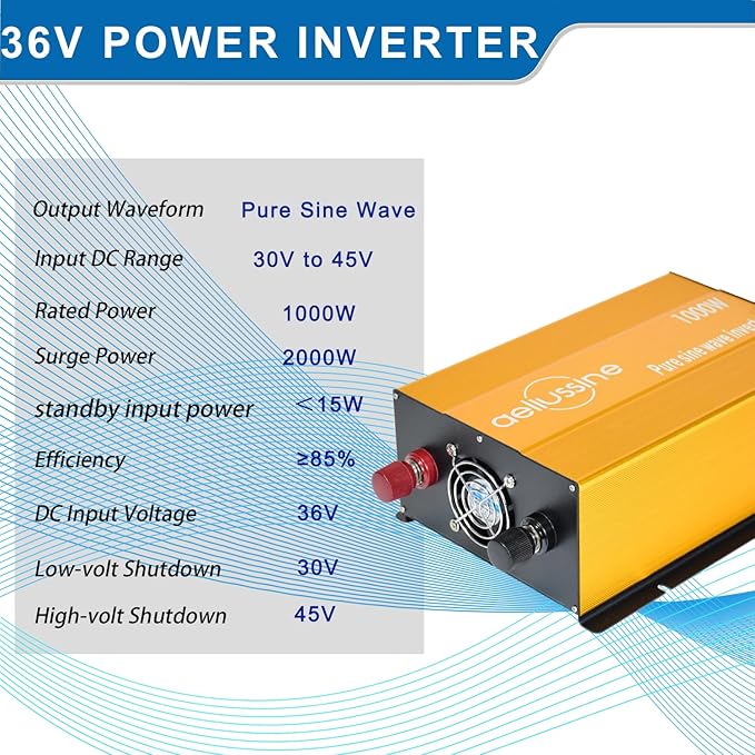 1000W Pure Sine Wave Inverter-36V DC to 110V 120V AC Power Converter with 2 AC Outlets, 36 Volt Power Inverter for Truck, Rv, Camping, Home, Emergency Power