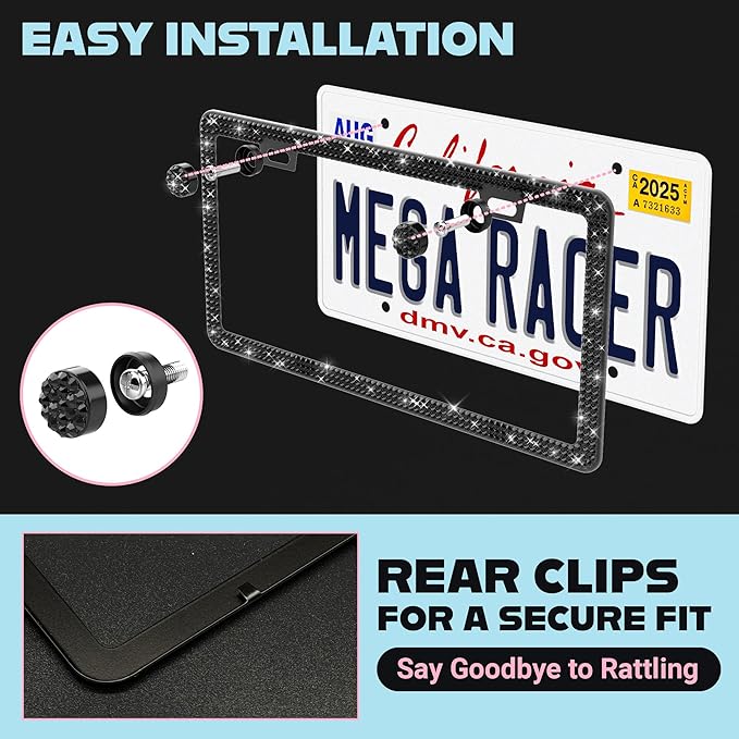 Elegant Bling License Plate Frames for Women - 2 Pack, 1600 Premium Black Rhinestones, Rust-Free Stainless Steel, Street Legal Slim Design, Sparkly Diamond Car Tag Holders with Glitter Crystal Covers
