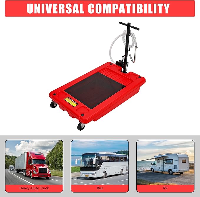 ‌17 Gal Low Profile Oil Drain Pan, Heavy Duty Mobile Oil Changing Pan with Hand Pump, 8 Ft Hose & Quick Drain Valve, Leak-Proof Design for Truck Car Motorcycle, Garage Workshop Use