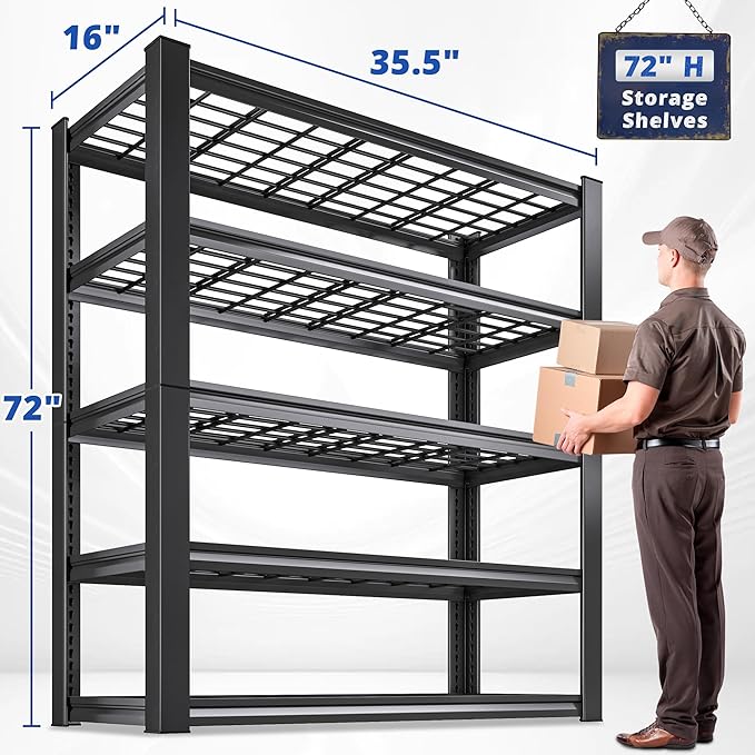 REIBII 3010LBS Storage Shelves 72" H Garage Shelving Heavy Duty Metal Shelving 5 Tier Adjustable Metal Shelves for Storage for Pantry Kitchen Basement 72" H x 35.5" W x 16" D, Black