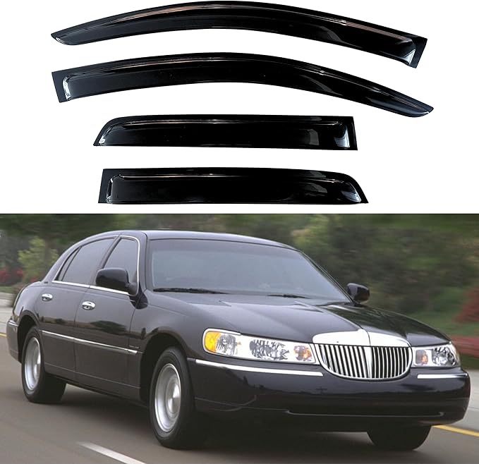 KPY Window Visor Compatible with Lincoln Town Car Sedan 1998-2010, Rain Guard Window Vent Deflectors Tape-On Style, 1998 1999 2000 2001 2002 2003 2004 2005 2006 2007 2008 2009 2010 (Sedan Only)