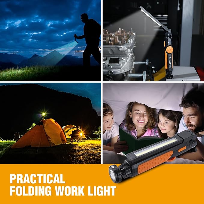 EverBrite LED Rechargeable Work Light, 800LM COB Foldable Flashlight, Magnetic Work Lights with Hanging Hook, 360° & 270° Rotation, 4 Power Indicator Lights - for Car Repair, Home, Emergency