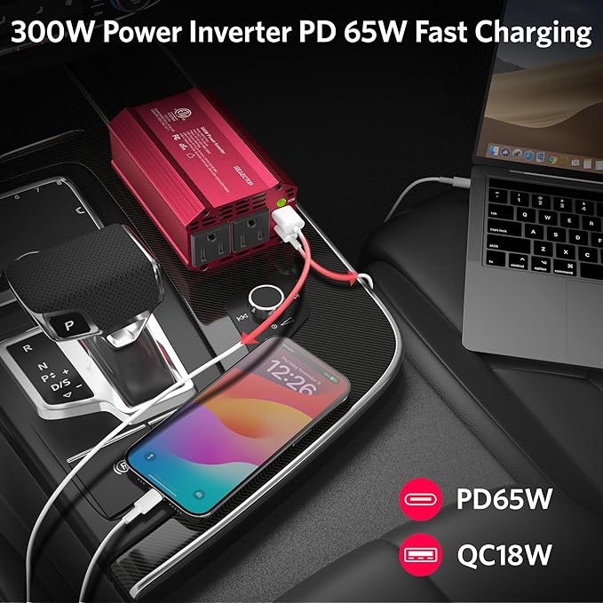 300W Car Power Inverter, USB-C PD65W QC 18W Converter Car Charger, DC 12V to 110V for Vehicles, Power Adapter for Car Charging