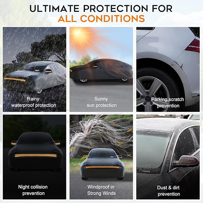 Hatchback Car Cover Waterproof All Weather for Automobiles，Outdoor Heavy Duty Full Exterior Covers with Zipper Door, Rain Sun Snow Dust UV Protection, Windproof Straps & Reflective Strips(Up to 165")
