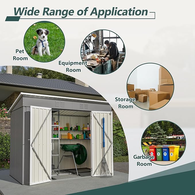 Outdoor Storage Shed, 8 X 4ft Metal Galvanized Steel Garden Shed with Floor Frame, Utility Tool Shed Storage House for Backyard, Patio, Lawn