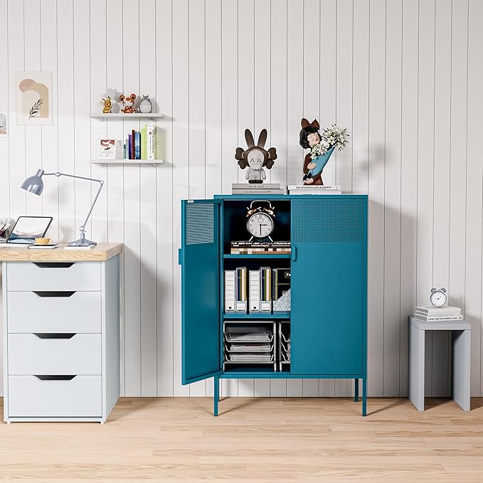 2 Mesh Door Metal Cabinet with Adjustable Shelves, Multipurpose Peacock Blue Storage Cabinet, 3-Tier,Metal Storage Cabinet for Office Home,Hallway(Peacock Blue, 47''H)