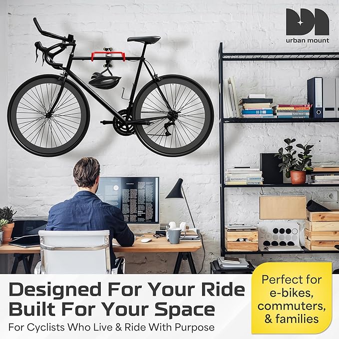UrbanMount Wall Mount Bike Rack Garage - Mountain Bike Wall Mount Horizontal Vertical Design with 66lbs Cap, Screws, Installation Manual - Secure Road Cycling Holder Storage, Bicycle Hanger for Home