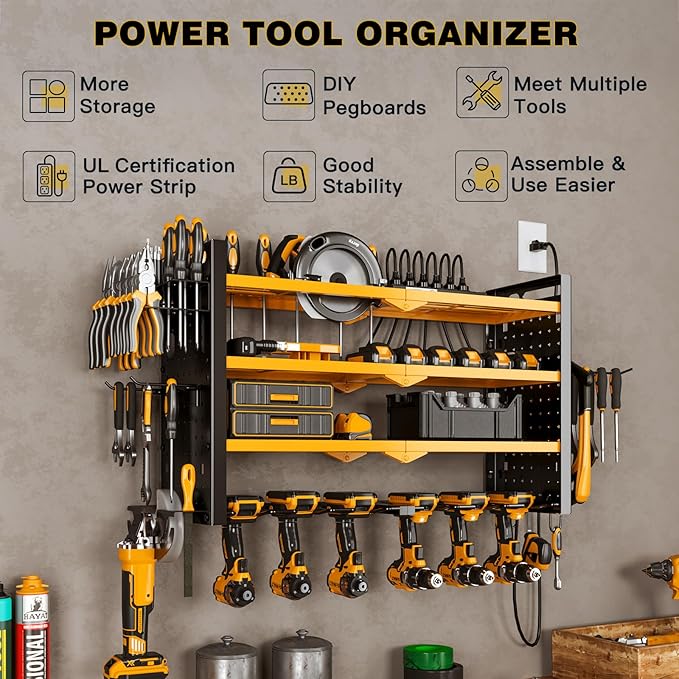 Power Tool Organizer Wall Mount with Charging Station 4 Layer 6 Slot Cordless Drill Holder with Angle Grinder Holder (Yellow)