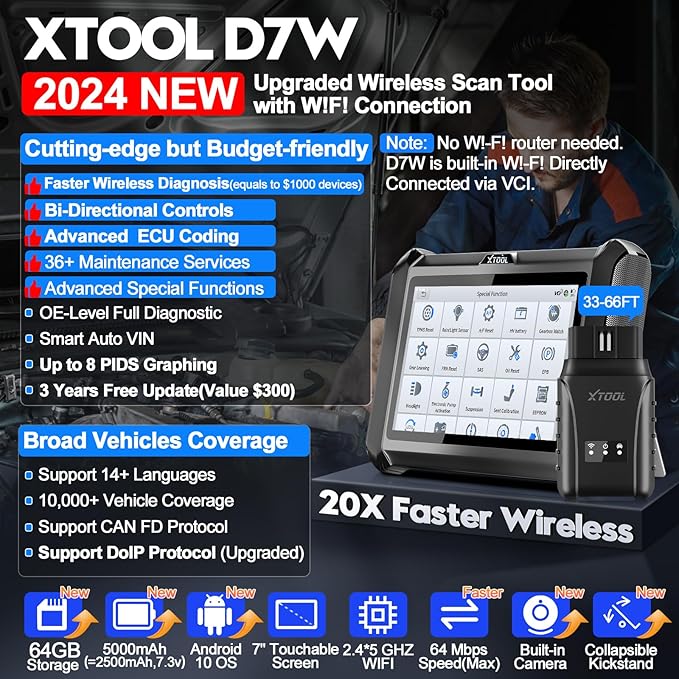 XTOOL D7W OBD2 Scanner Diagnostic Tool: 2025 Wireless Ver. of D7/D7S/D7BT, Bidirectional Scan Tool with ALL System Diagnostic, PMI, ECU Coding, 39+ Resets, 3-Year Updates, CAN FD/DoIP, Scanner for Car