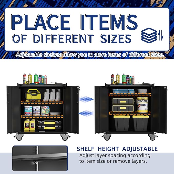 Metal Garage Storage Cabinet with Wheels,Locking Rolling Tool Cabinet with Drawers and Shelves for Home, Office, Garage & Workshop
