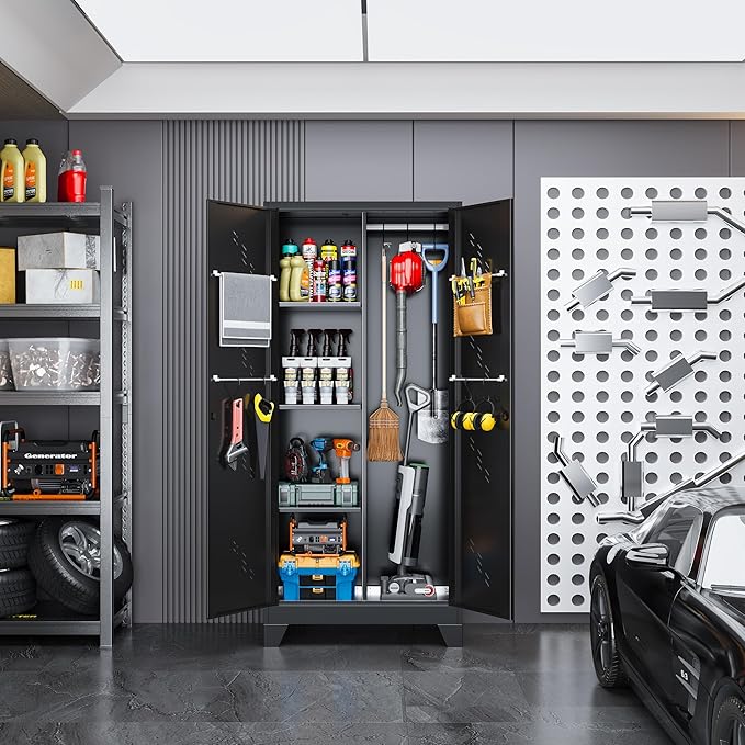 71" Metal Garage Tools Storage Cabinet with Doors and Shelves, Broom Tool Storage Filing Cabinets with Lock, Black Cleaning Supplies Organization Cabinet with Hanging Rod