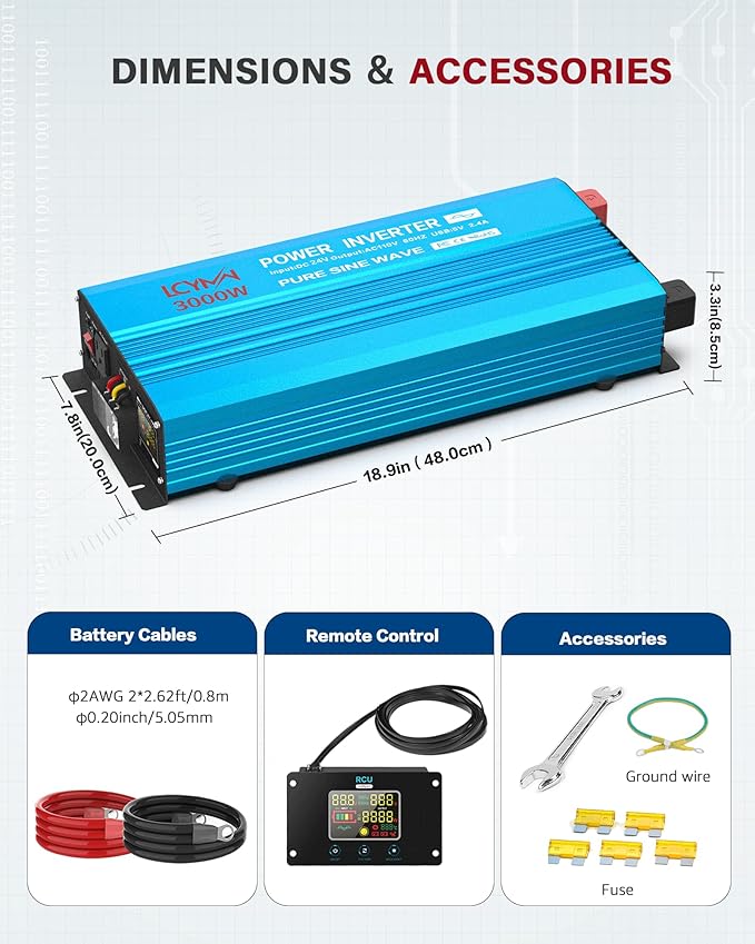 3000 Watt Inverter Pure Sine Wave DC 24V to 110V/120V AC Power Inverters with 2 AC Charger Outlets 6000W Peak Car Solar Converter for Vehicles Home with LCD Display and 2.4A USB Charging Port
